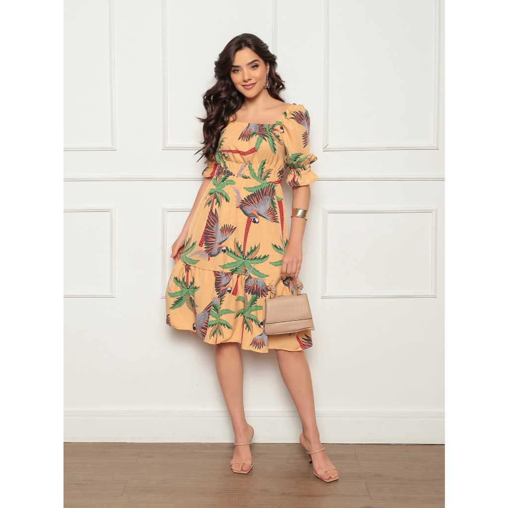 Vestido Feminino midi | crepinho com Elastec l Poá l Ombro à Ombro.