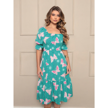 Vestido midi feminino coração, bolinhas, decote quadrado e mangas curtas bufantes, corte A, franzido, bainha com babados