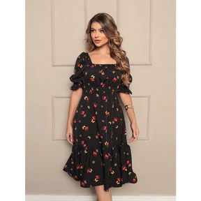 Vestido midi feminino coração, bolinhas, decote quadrado e mangas curtas bufantes, corte A, franzido, bainha com babados