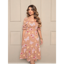 Vestido midi feminino coração, bolinhas, decote quadrado e mangas curtas bufantes, corte A, franzido, bainha com babados