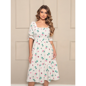 Vestido midi feminino coração, bolinhas, decote quadrado e mangas curtas bufantes, corte A, franzido, bainha com babados