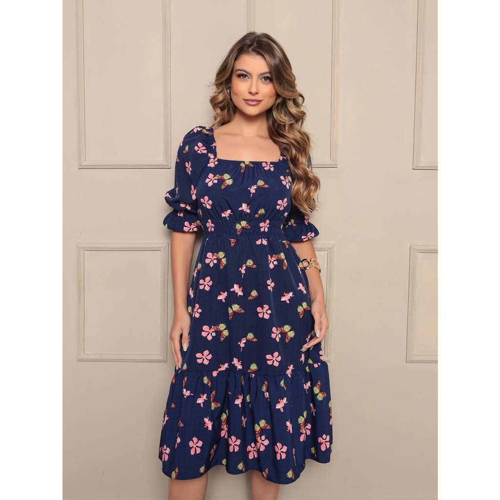 Vestido midi feminino coração, bolinhas, decote quadrado e mangas curtas bufantes, corte A, franzido, bainha com babados