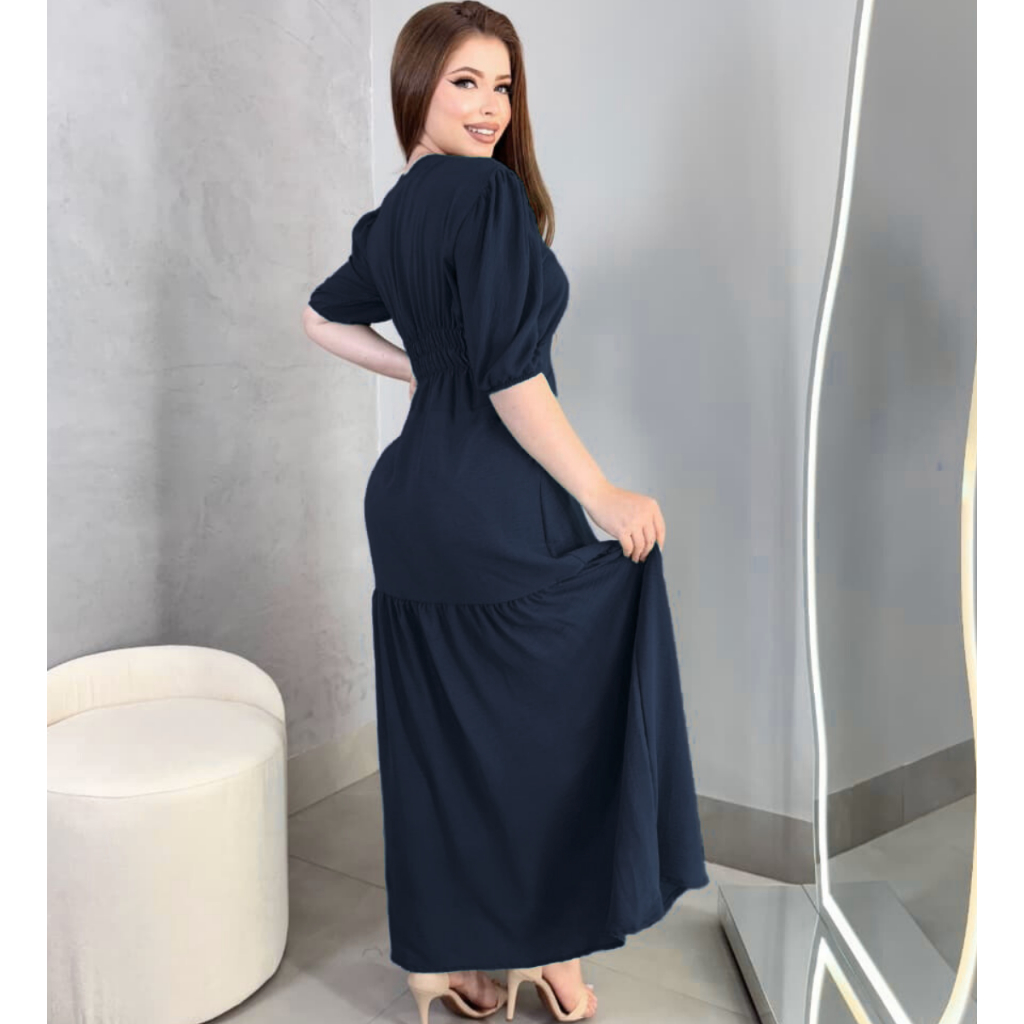 Vestido Longo Liso Duna Manga Feminino Saia Rodada e Elastico Costas Festa Evangelico