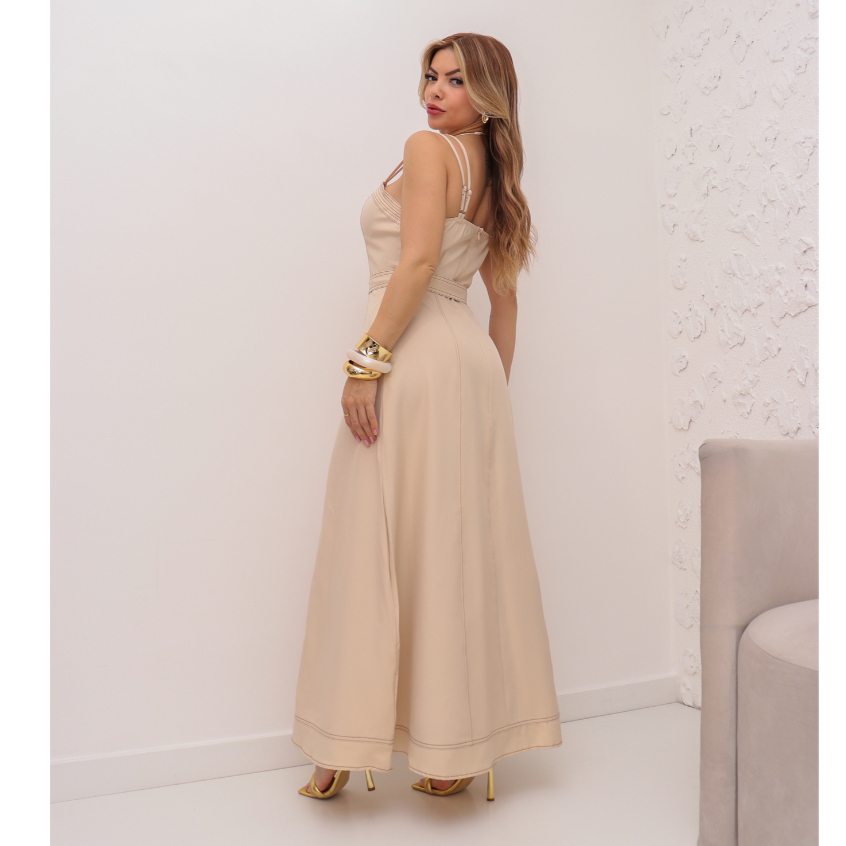 Vestido Longo Feminino Verão Festa Com Cinto Liso Soltinho Moda 3RD SD1633