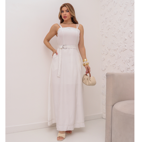 Vestido Longo Feminino Verão Festa Com Cinto Liso Soltinho Moda 3RD SD1633