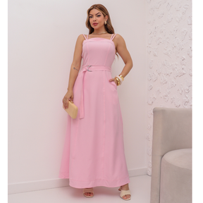 Vestido Longo Feminino Verão Festa Com Cinto Liso Soltinho Moda 3RD SD1633