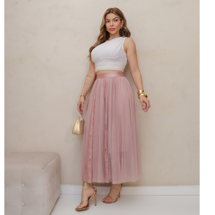 Saia de Tule Longa Feminina Forrada Evangélica Elegante Moda 3RD SD1556