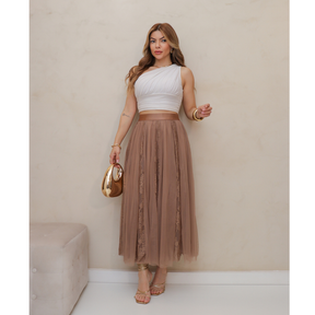 Saia de Tule Longa Feminina Forrada Evangélica Elegante Moda 3RD SD1556