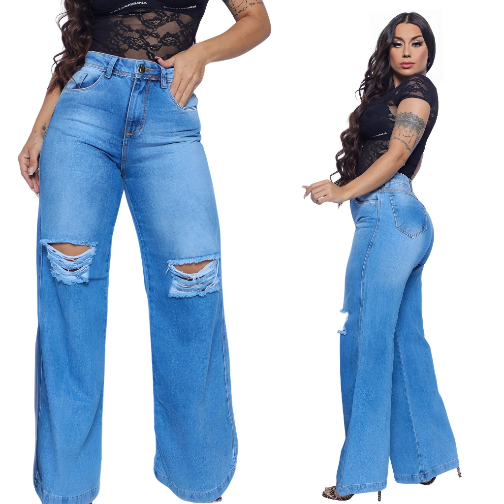 Calça Jeans feminina Wide Leg Marmorizada Pantalona boca larga - cintura alta premium