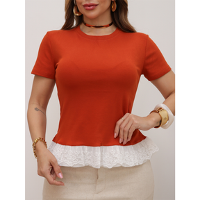Blusa Feminina T-Shirt Algodão Canelado Com Renda Liso Moda Verão 3RD SD1590