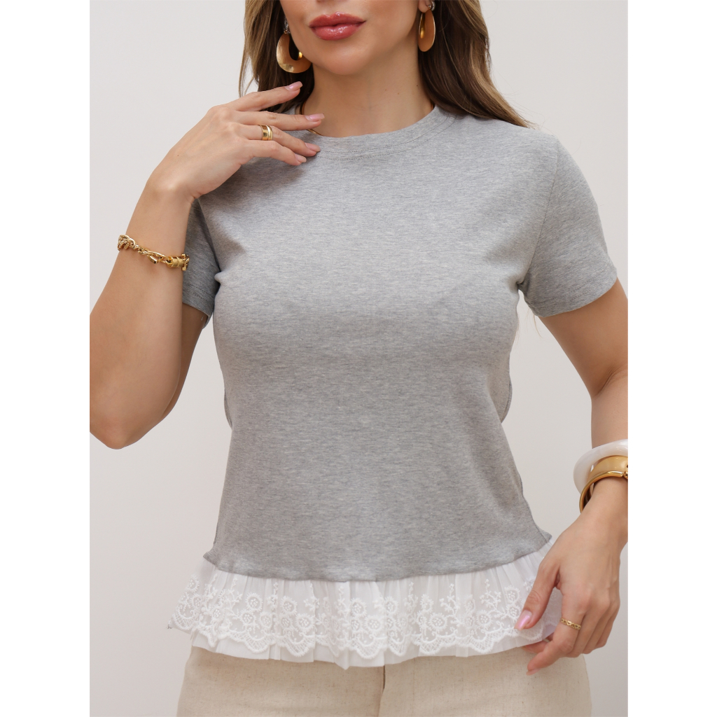Blusa Feminina T-Shirt Algodão Canelado Com Renda Liso Moda Verão 3RD SD1590
