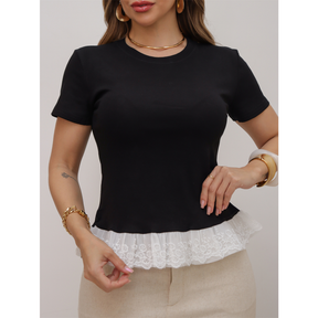 Blusa Feminina T-Shirt Algodão Canelado Com Renda Liso Moda Verão 3RD SD1590
