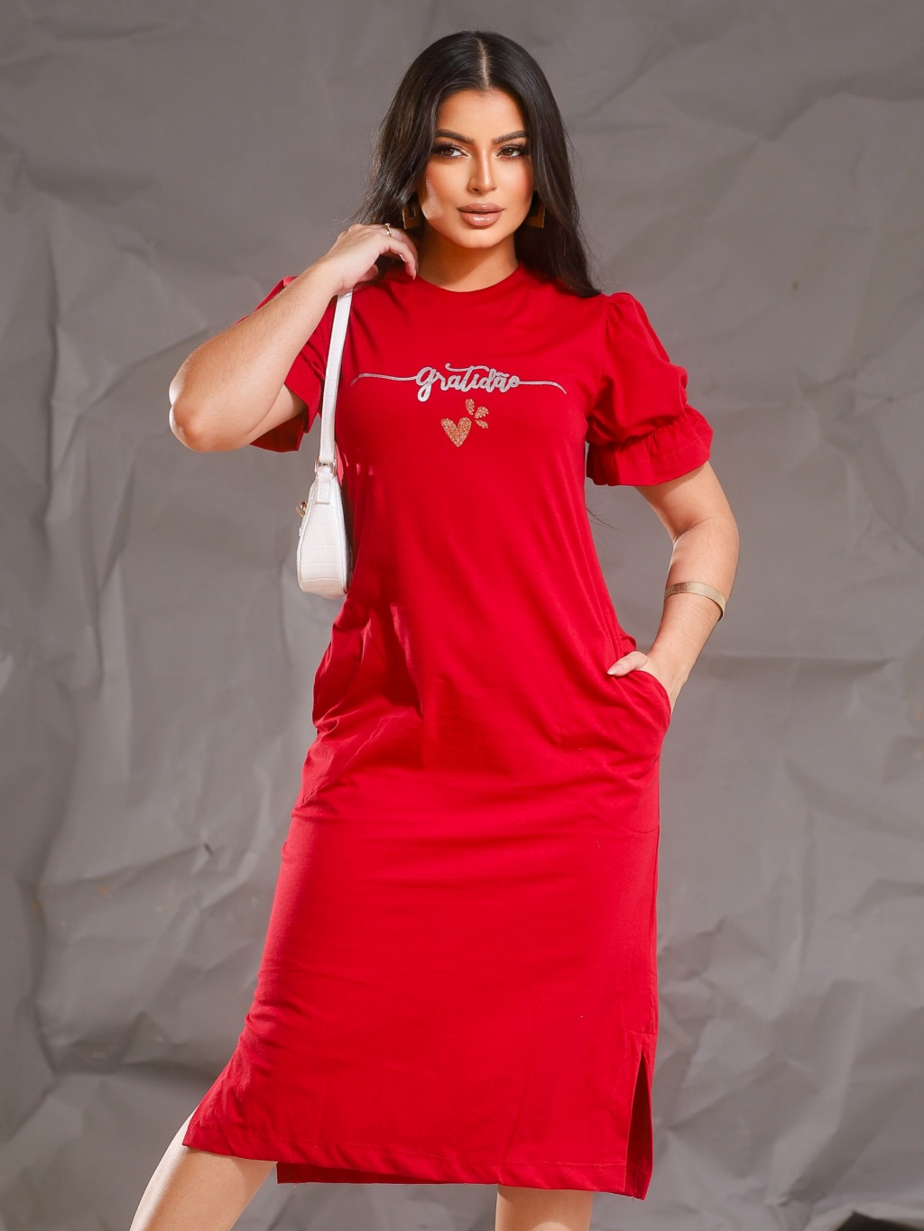 Vestido Midi Moda Evangelica Fenda Lateral Elegante Moda Casual Com Silk Soltinho Manga Bufante Cor