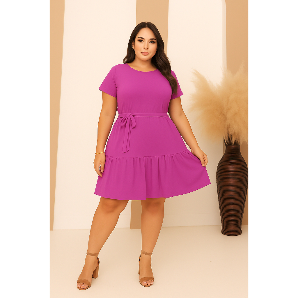 Vestido Feminino Curto Plus Size Moda Evangélica Jovem com Babado Amarração Manga Curta com Cinto