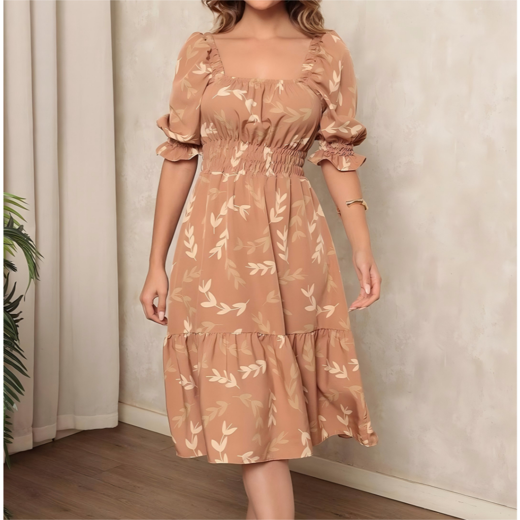 Vestido Feminino midi | crepinho com Elastec l Poá l Ombro à Ombro.