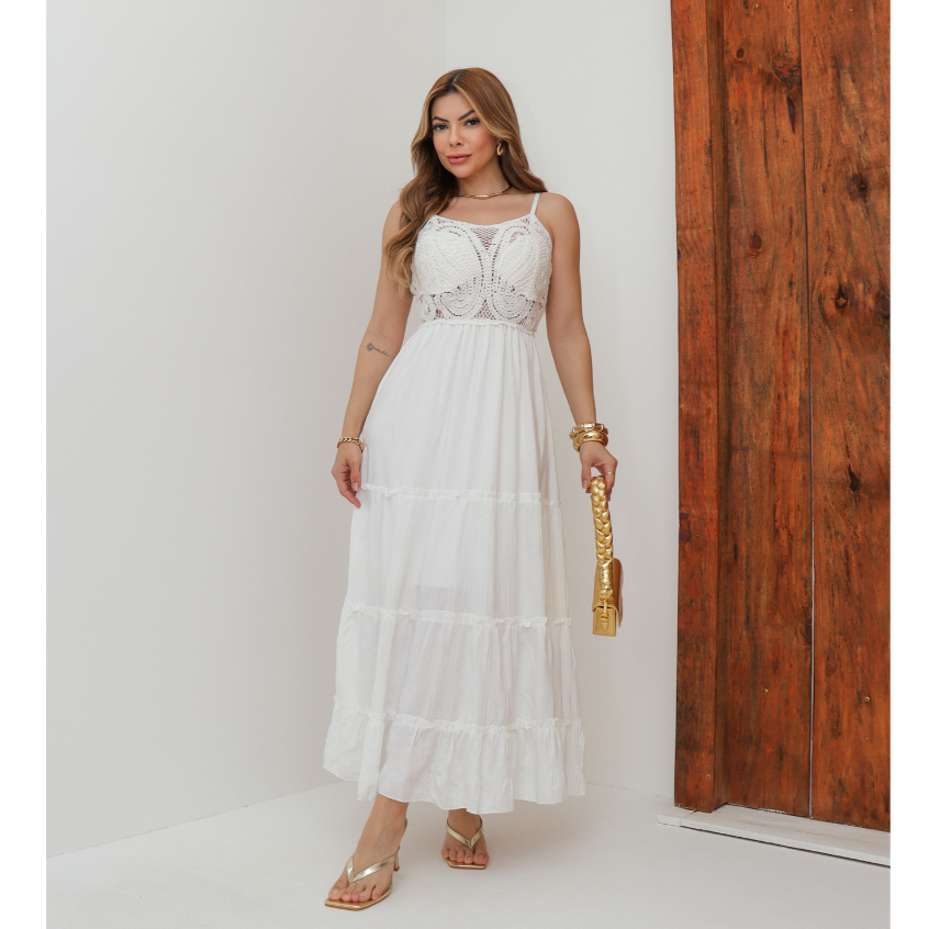 Vestido Longo Feminino Elegante Festa Casamento Liso Alcinha Crochê Verão 3RD SD1652