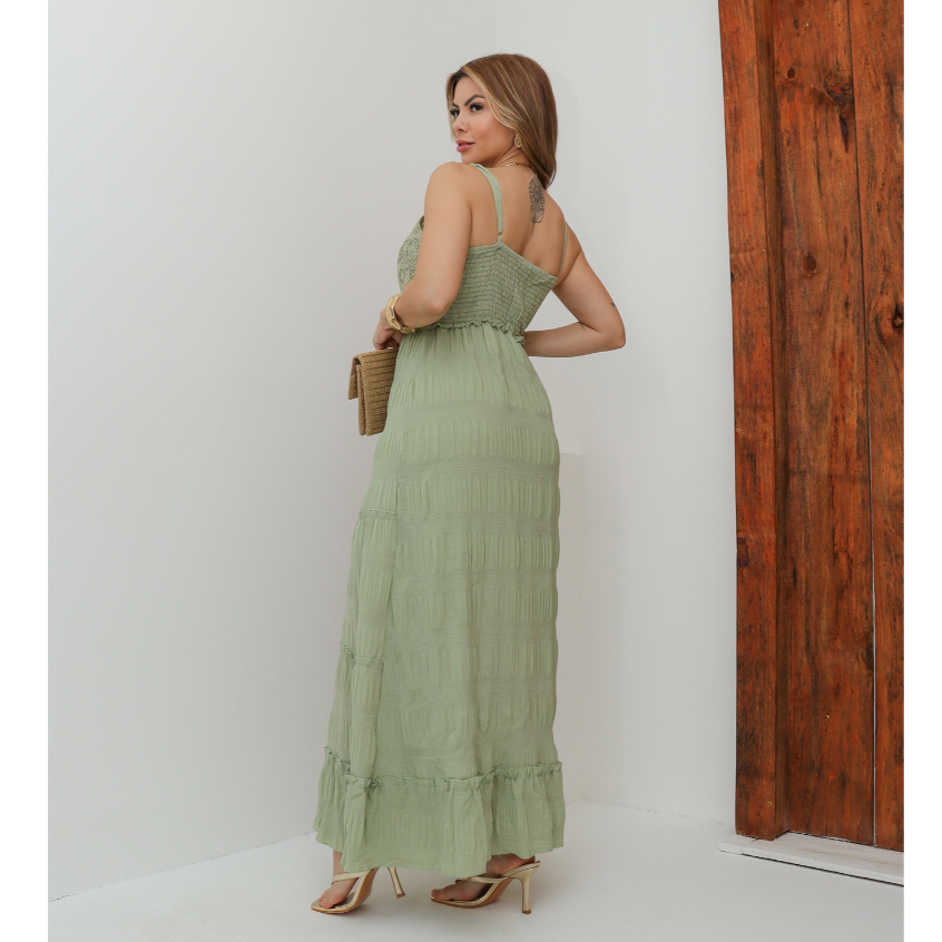 Vestido Longo Feminino Elegante Festa Casamento Liso Alcinha Crochê Verão 3RD SD1652