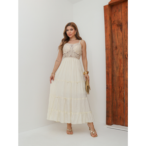 Vestido Longo Feminino Elegante Festa Casamento Liso Alcinha Crochê Verão 3RD SD1652