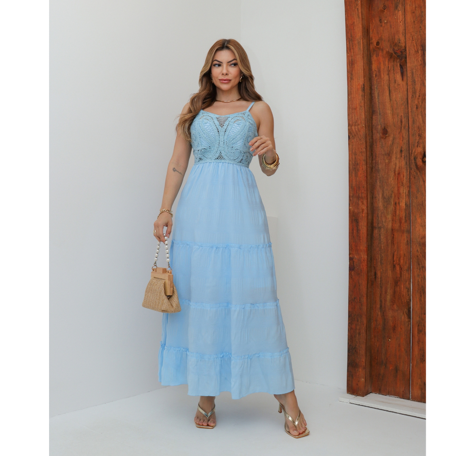 Vestido Longo Feminino Elegante Festa Casamento Liso Alcinha Crochê Verão 3RD SD1652