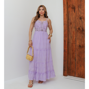 Vestido Longo Feminino Elegante Festa Casamento Liso Alcinha Crochê Verão 3RD SD1652