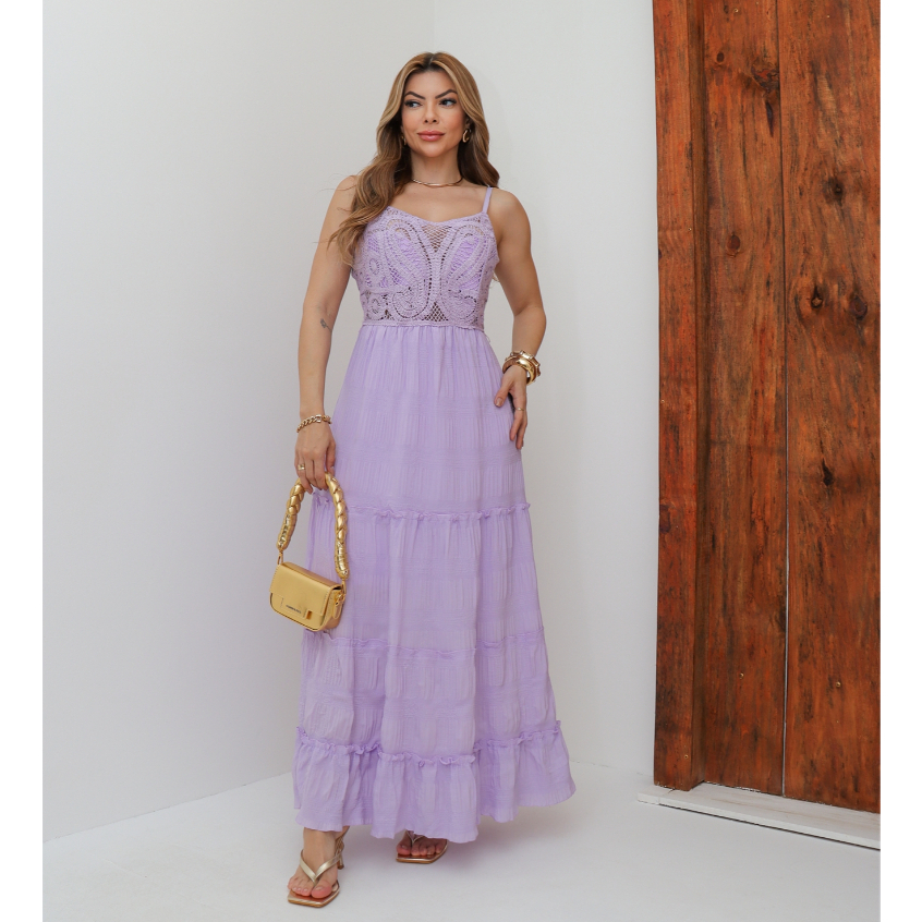 Vestido Longo Feminino Elegante Festa Casamento Liso Alcinha Crochê Verão 3RD SD1652