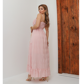 Vestido Longo Feminino Elegante Festa Casamento Liso Alcinha Crochê Verão 3RD SD1652