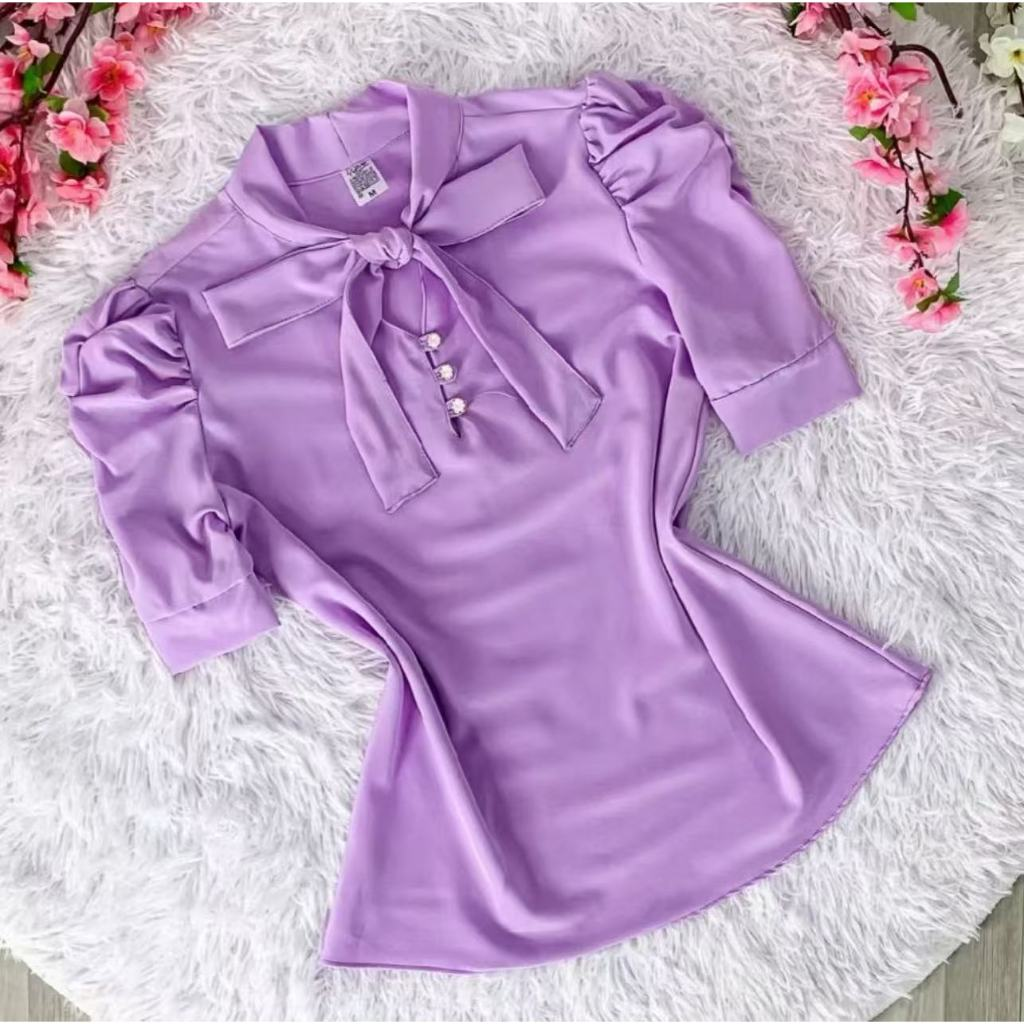 Blusa Plus Size G1 G2 G3 Feminina Social Manga Curta Bufante com laçinho Moda evangélica -0260