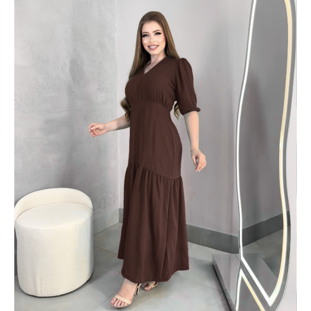 Vestido Longo Liso Duna Manga Feminino Saia Rodada e Elastico Costas Festa Evangelico