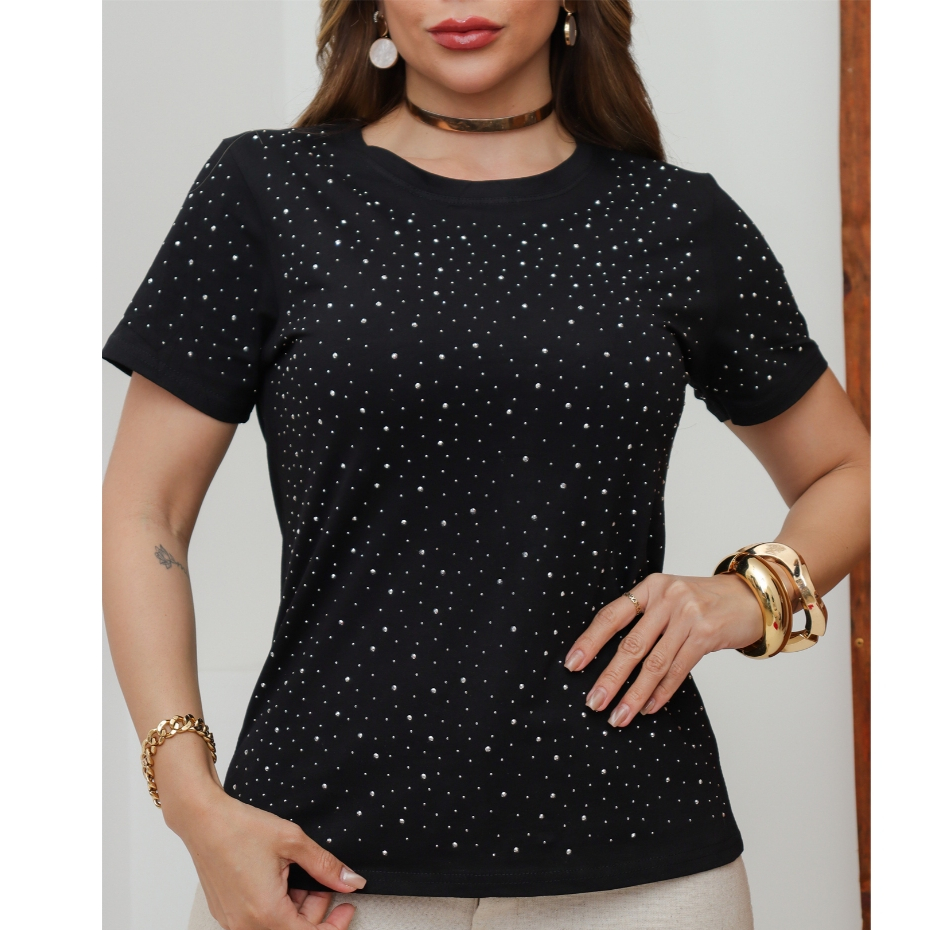 Blusa Feminina T-Shirt Brilho Camiseta Algodão Liso Moda Casual Verão 3RD SD1243