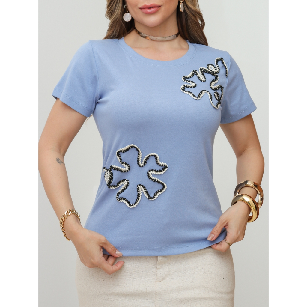 Blusa Feminina T-Shirt Camiseta Algodão Canelado Liso Casual Moda Verão 3RD SD1747
