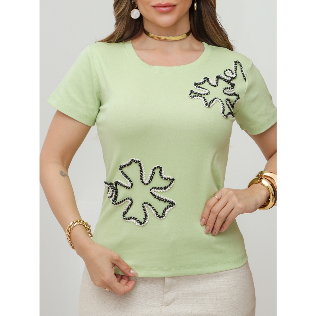 Blusa Feminina T-Shirt Camiseta Algodão Canelado Liso Casual Moda Verão 3RD SD1747