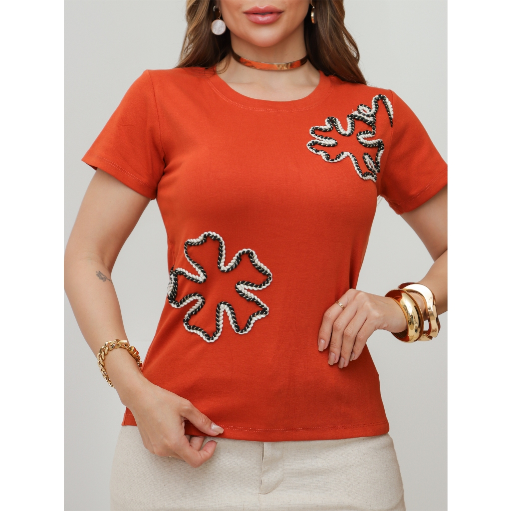 Blusa Feminina T-Shirt Camiseta Algodão Canelado Liso Casual Moda Verão 3RD SD1747