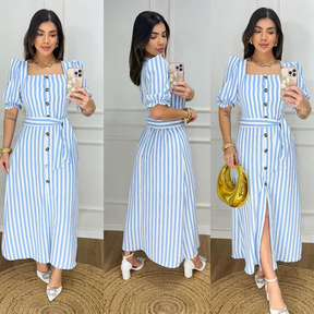 Vestido Longo Listrado com Botões e Cinto - Manga Bufante - Modelo Elegante com Elastex