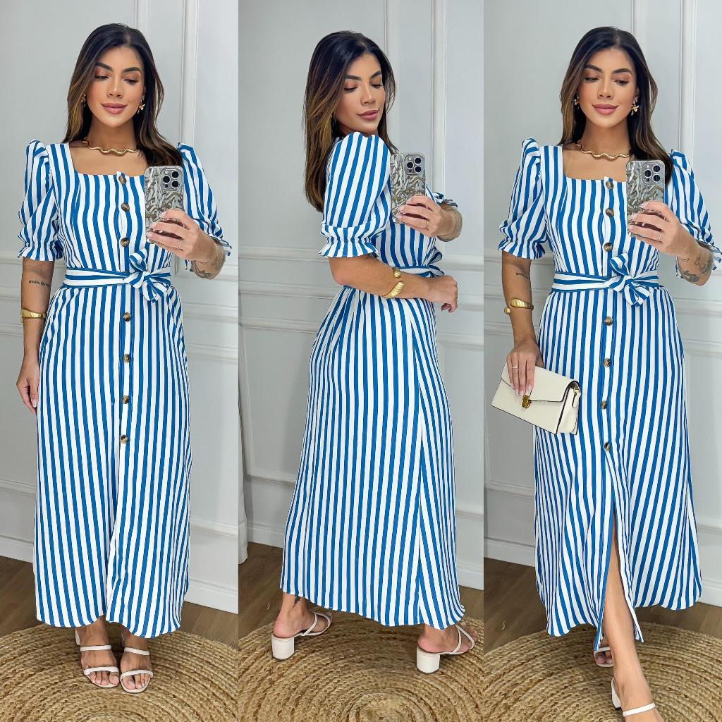 Vestido Longo Listrado com Botões e Cinto - Manga Bufante - Modelo Elegante com Elastex