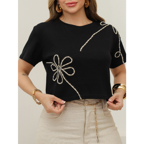 Blusa Feminina T-Shirt Camiseta Malha Canelado Estampado Casual Moda Verão 3RD SD1823