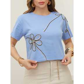 Blusa Feminina T-Shirt Camiseta Malha Canelado Estampado Casual Moda Verão 3RD SD1823