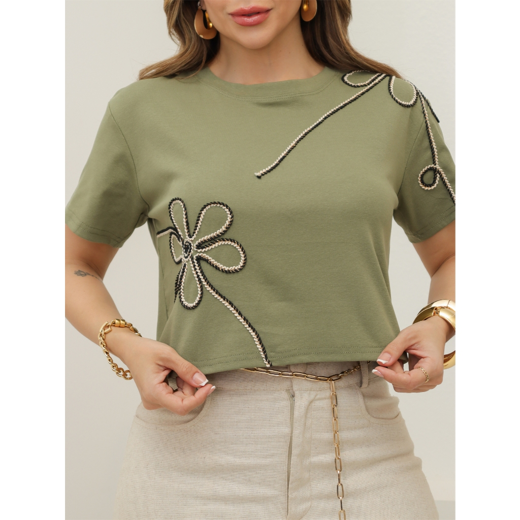 Blusa Feminina T-Shirt Camiseta Malha Canelado Estampado Casual Moda Verão 3RD SD1823