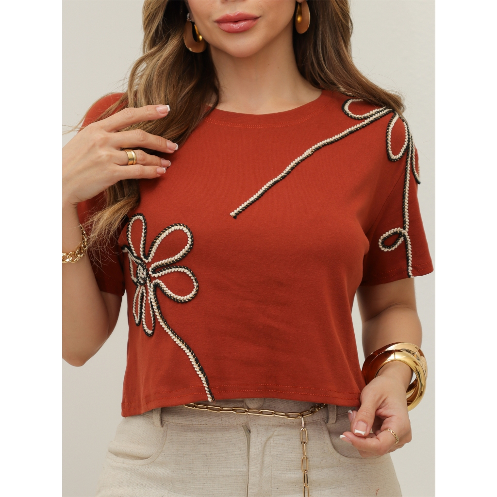 Blusa Feminina T-Shirt Camiseta Malha Canelado Estampado Casual Moda Verão 3RD SD1823