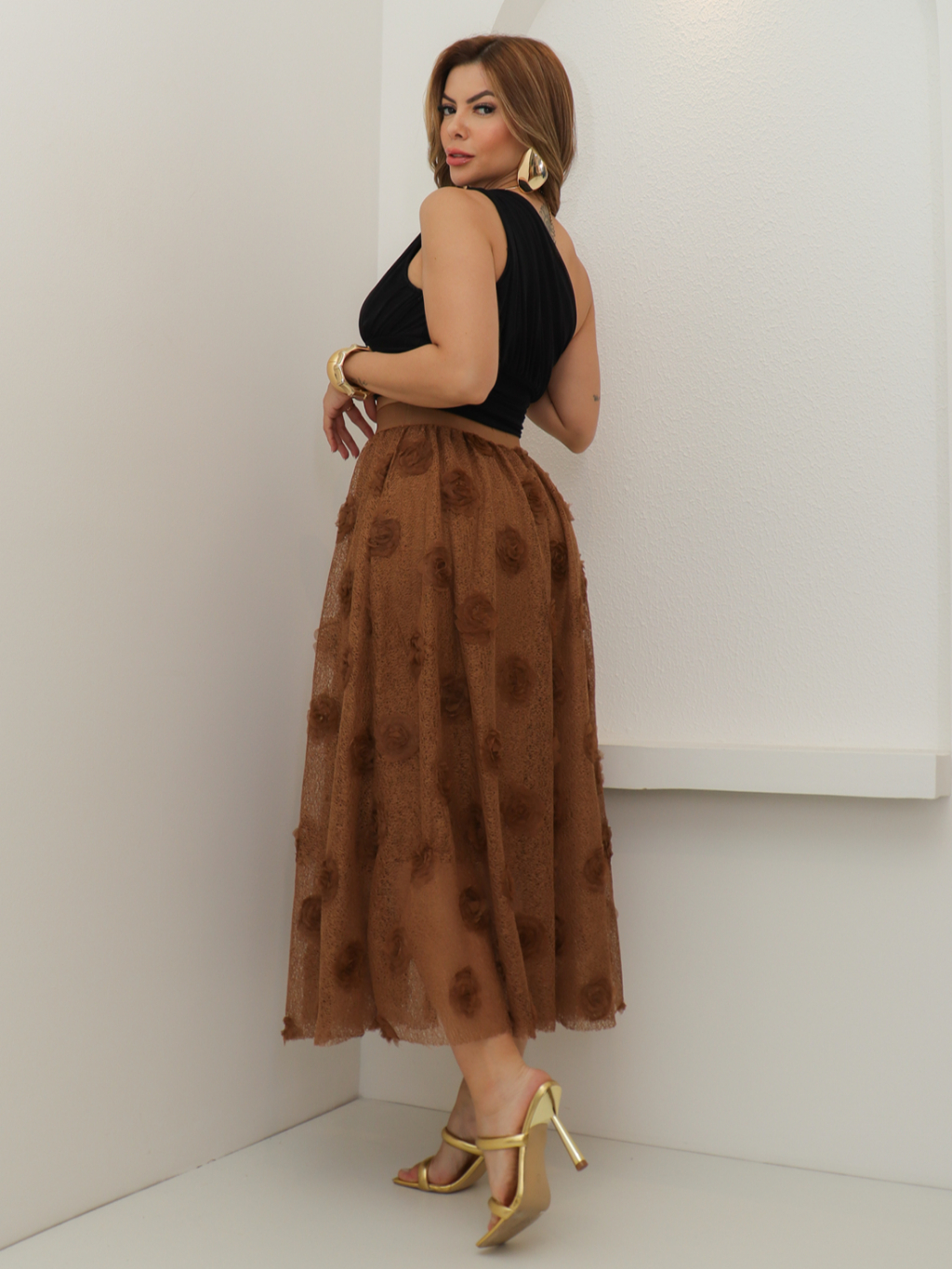 Saia de Renda Longa Feminina Flor Forrada Evangélica Elegante Moda 3RD SD1829