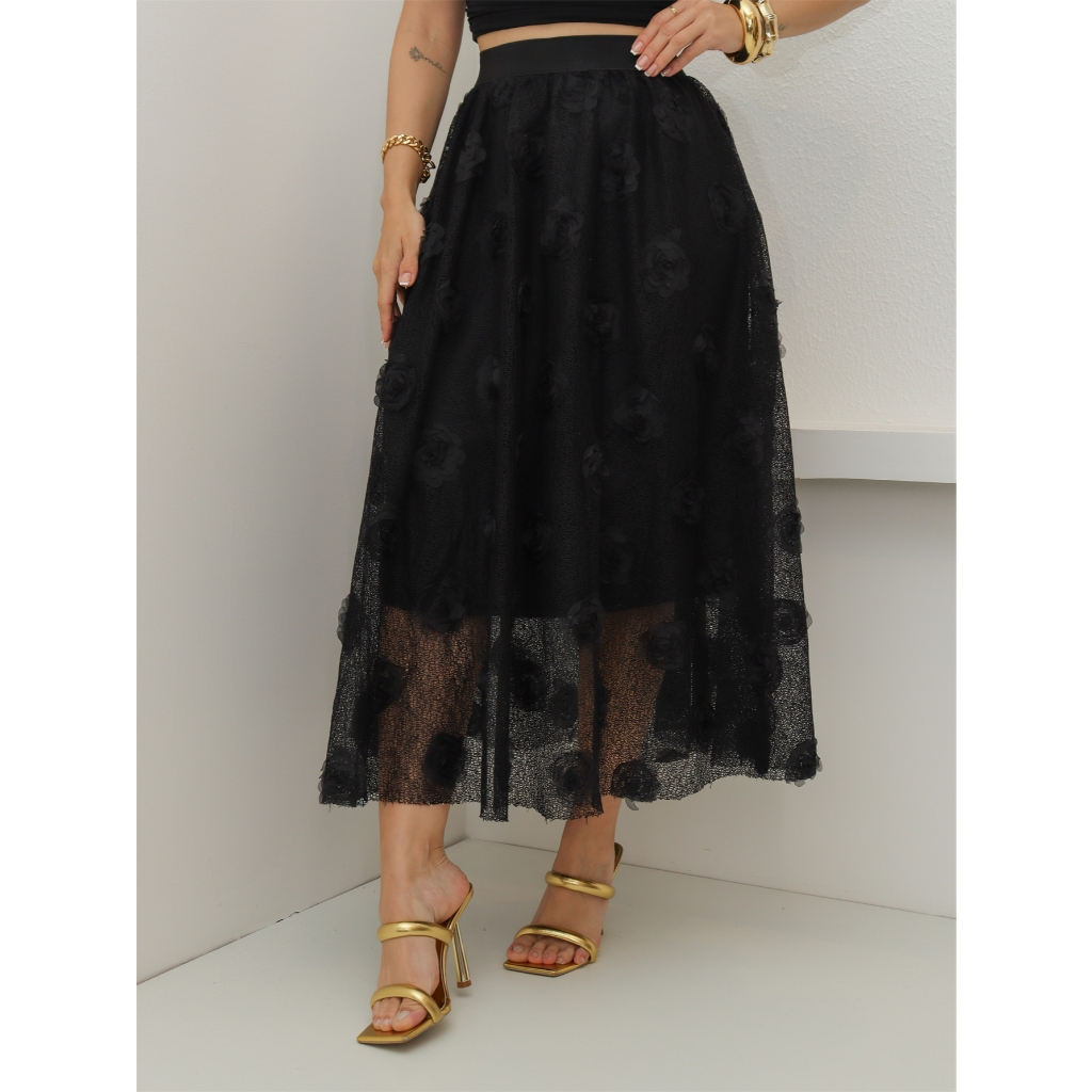 Saia de Renda Longa Feminina Flor Forrada Evangélica Elegante Moda 3RD SD1829