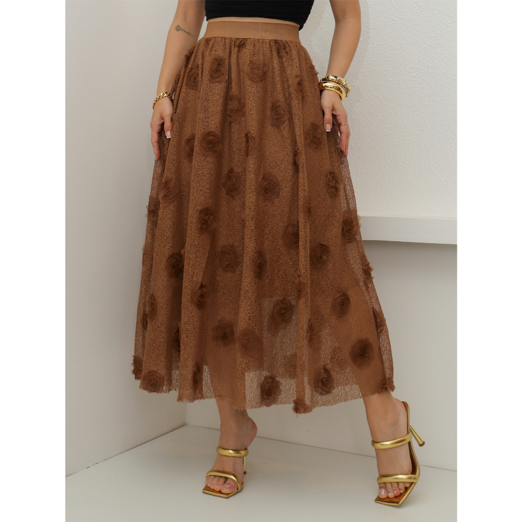 Saia de Renda Longa Feminina Flor Forrada Evangélica Elegante Moda 3RD SD1829