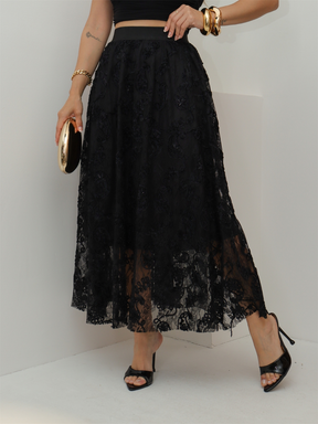 Saia de Renda Longa Feminina Flor Forrada Evangélica Elegante Moda 3RD SD1831