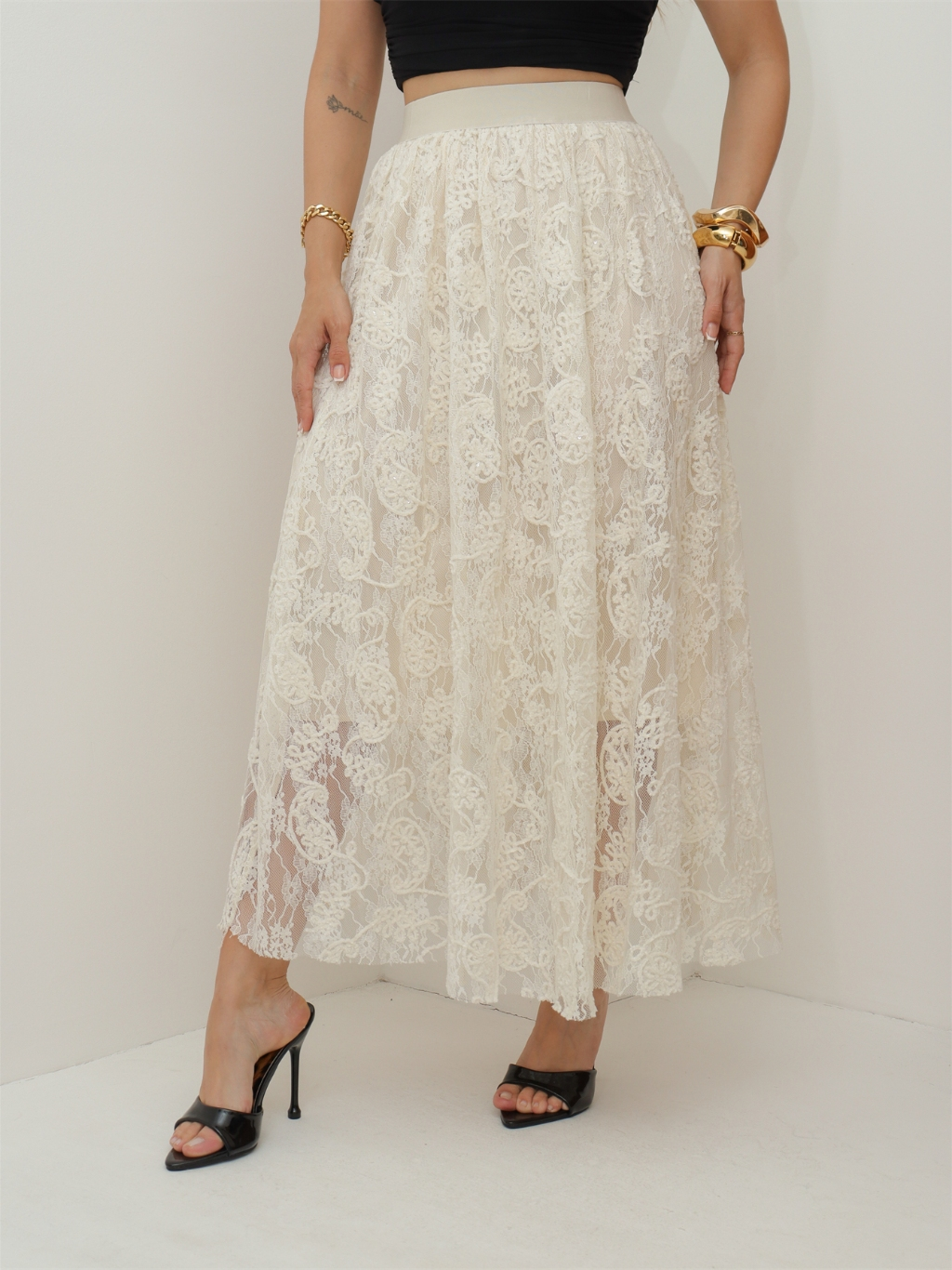 Saia de Renda Longa Feminina Flor Forrada Evangélica Elegante Moda 3RD SD1831