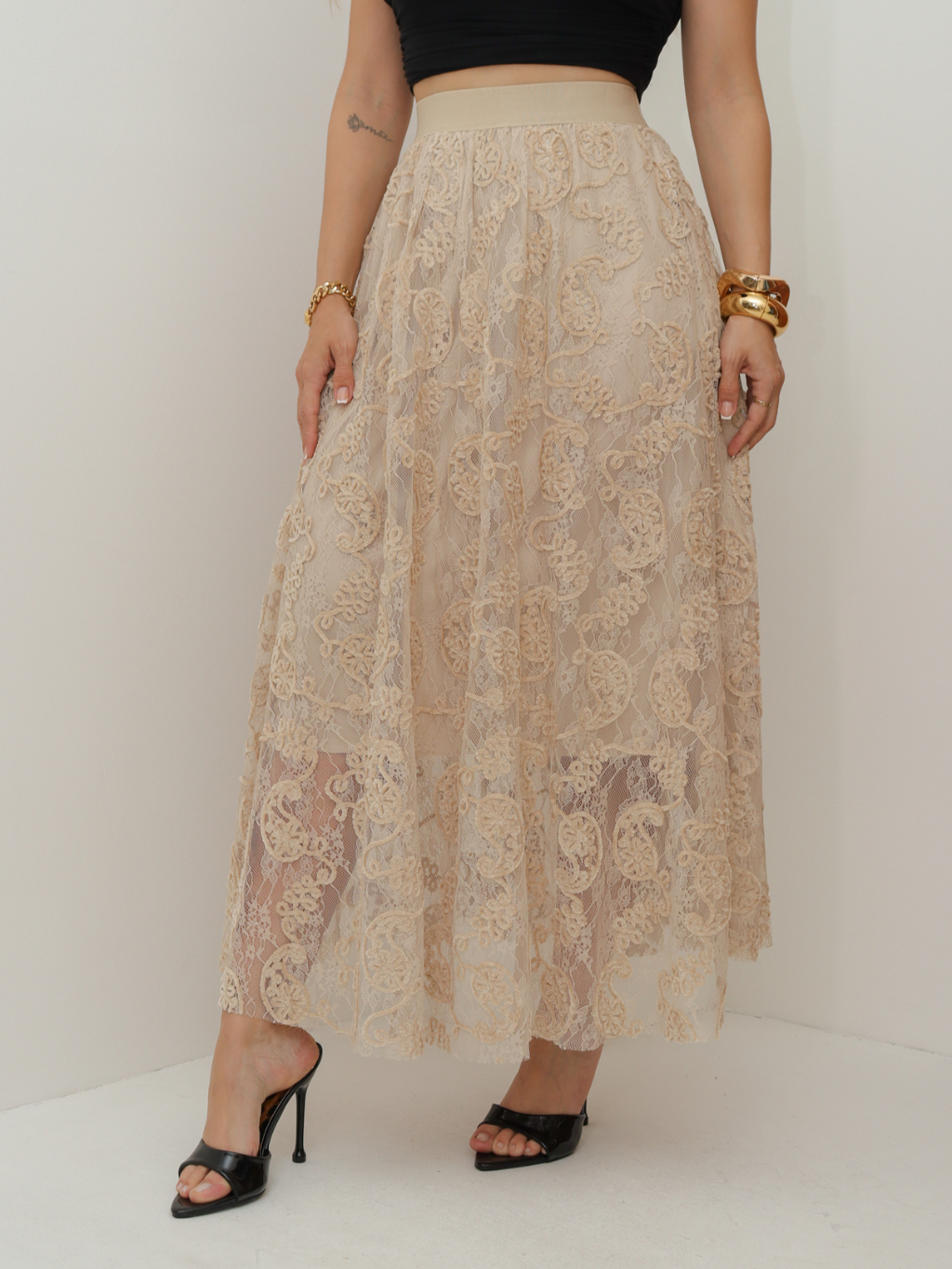 Saia de Renda Longa Feminina Flor Forrada Evangélica Elegante Moda 3RD SD1831