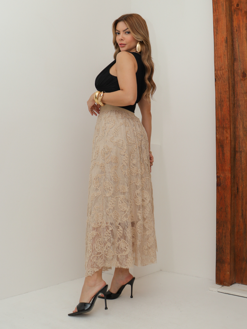 Saia de Renda Longa Feminina Flor Forrada Evangélica Elegante Moda 3RD SD1831