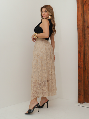 Saia de Renda Longa Feminina Flor Forrada Evangélica Elegante Moda 3RD SD1831