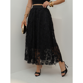 Saia de Renda Longa Feminina Flor Forrada Evangélica Elegante Moda 3RD SD1831