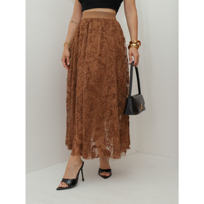 Saia de Renda Longa Feminina Flor Forrada Evangélica Elegante Moda 3RD SD1831