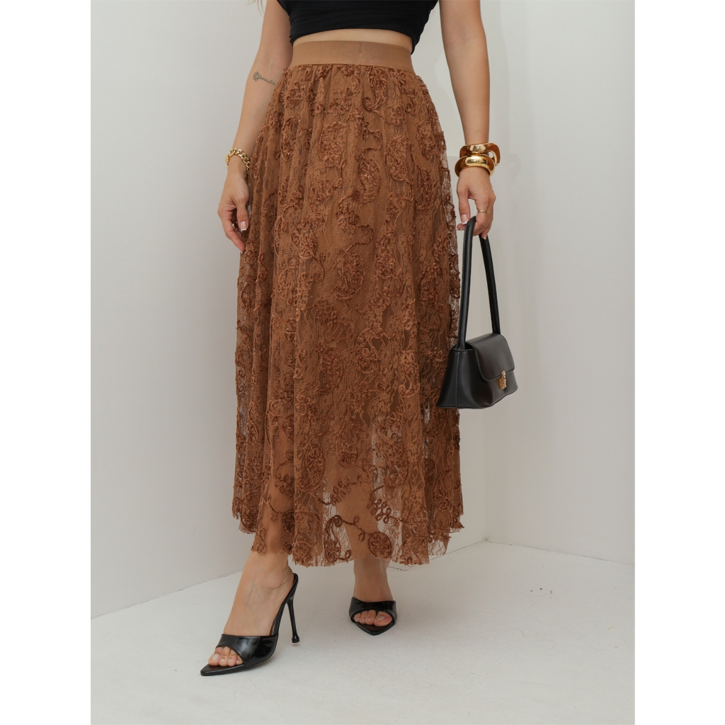 Saia de Renda Longa Feminina Flor Forrada Evangélica Elegante Moda 3RD SD1831