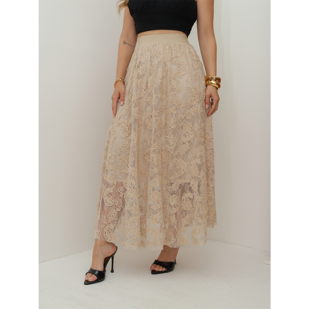 Saia de Renda Longa Feminina Flor Forrada Evangélica Elegante Moda 3RD SD1831